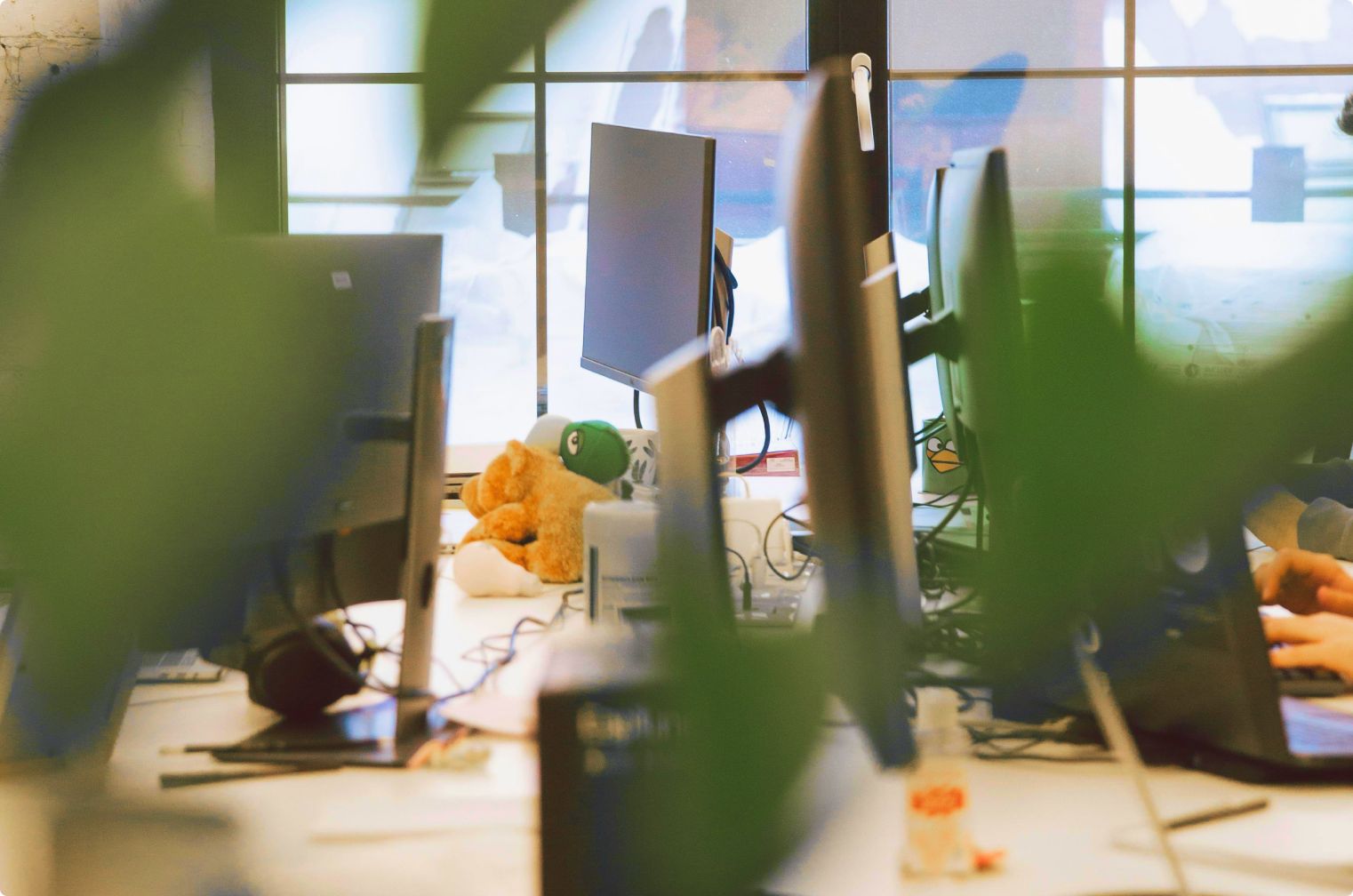 Desks and screens in a marketing team open-plan office