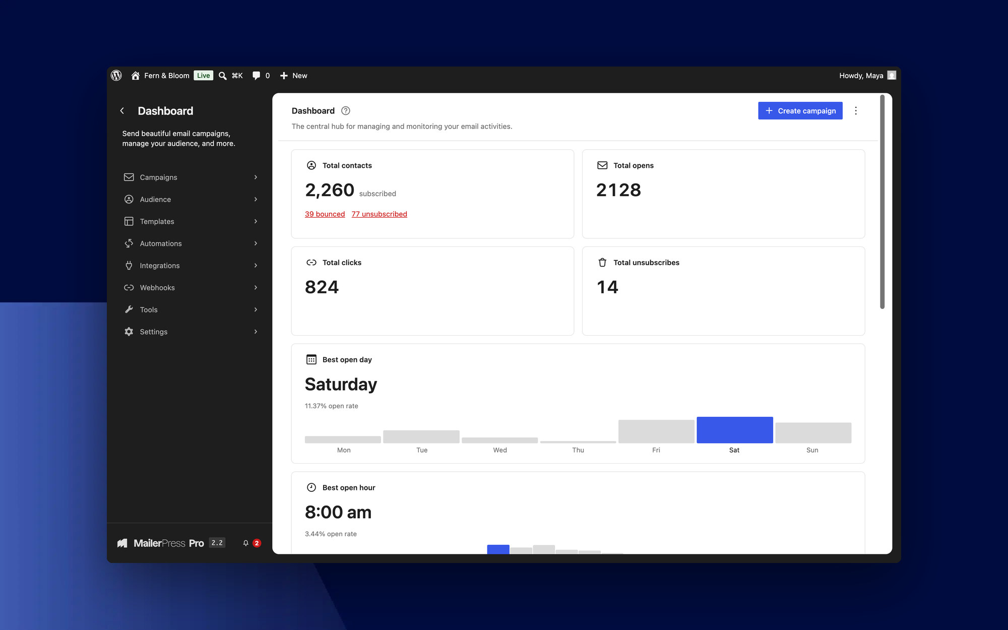 The new MailerPress dashboard, built with native WordPress components and your admin colors